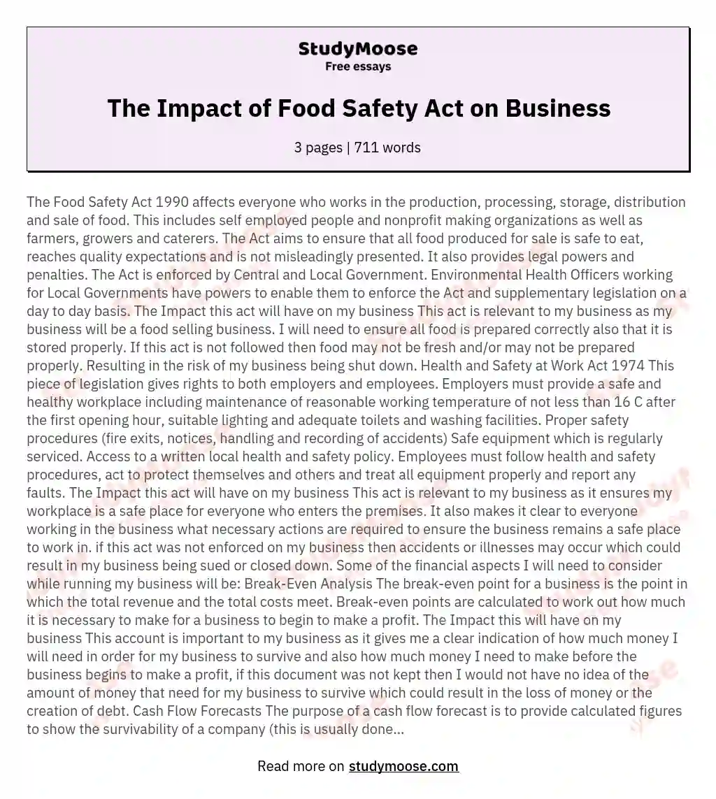 The Impact of Food Safety Act on Business essay
