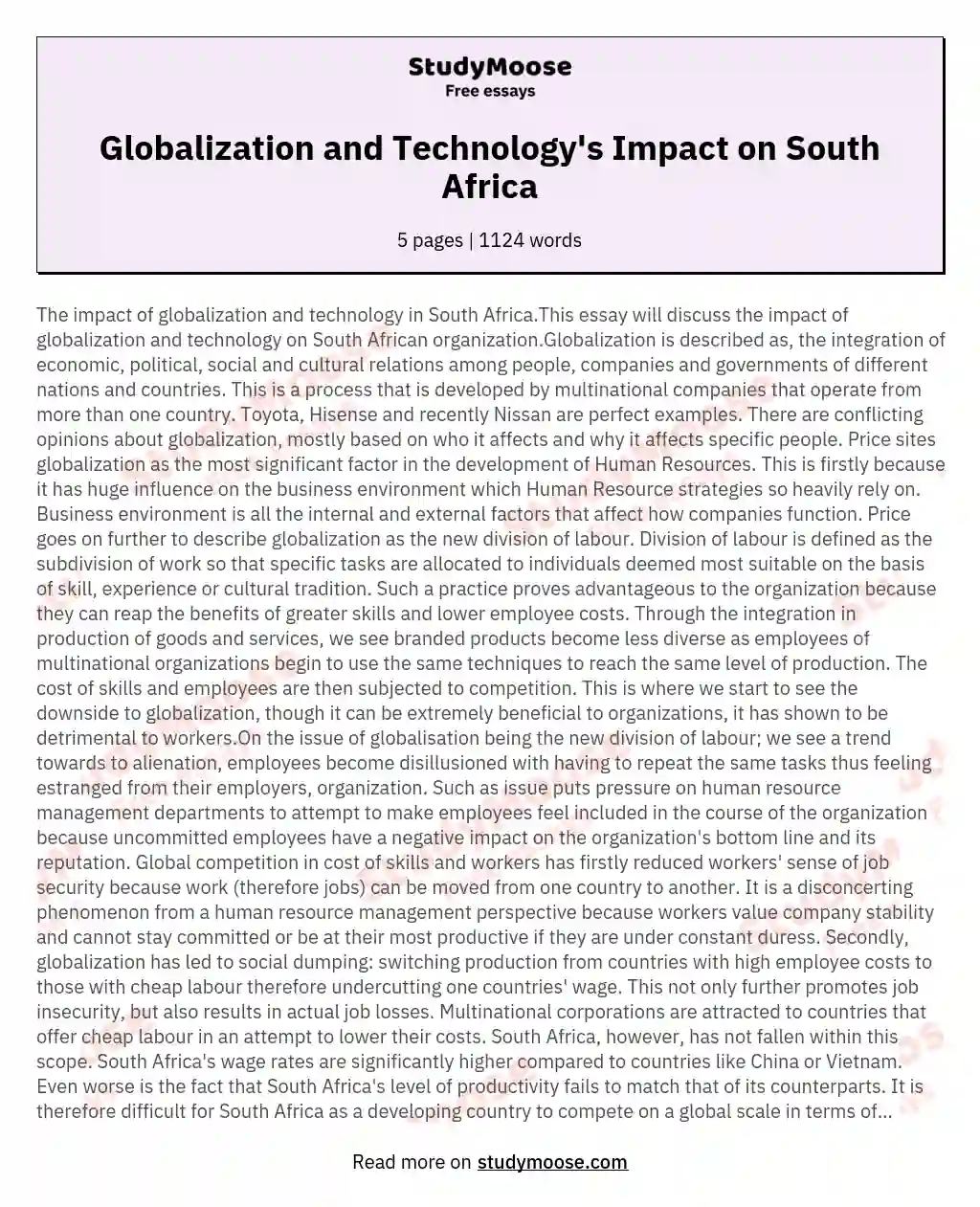 Globalization and Technology's Impact on South Africa essay