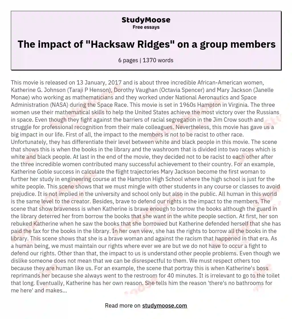 The impact of "Hacksaw Ridges" on a group members