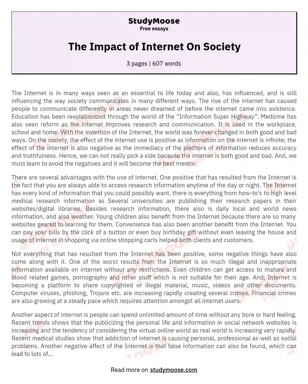 The Impact of Internet On Society essay