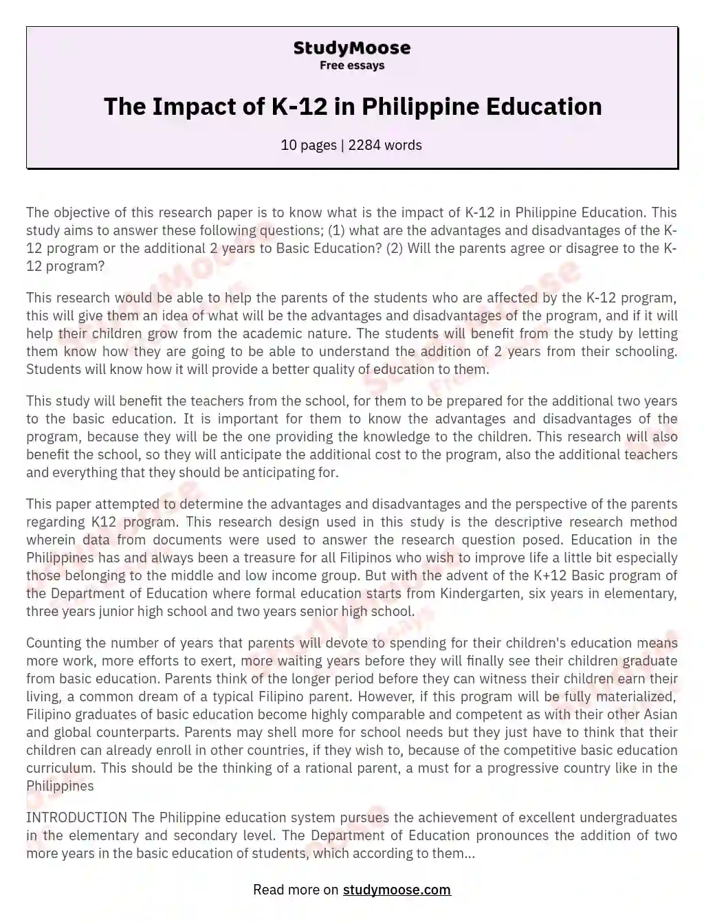 The Impact of K-12 in Philippine Education essay
