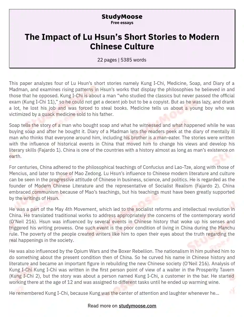 The Impact of Lu Hsun’s Short Stories to Modern Chinese Culture