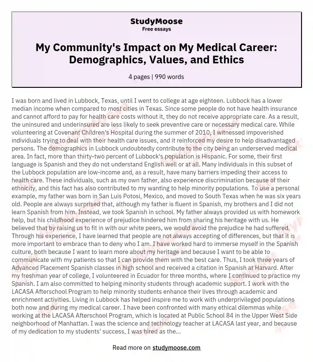 My Community's Impact on My Medical Career: Demographics, Values, and Ethics essay