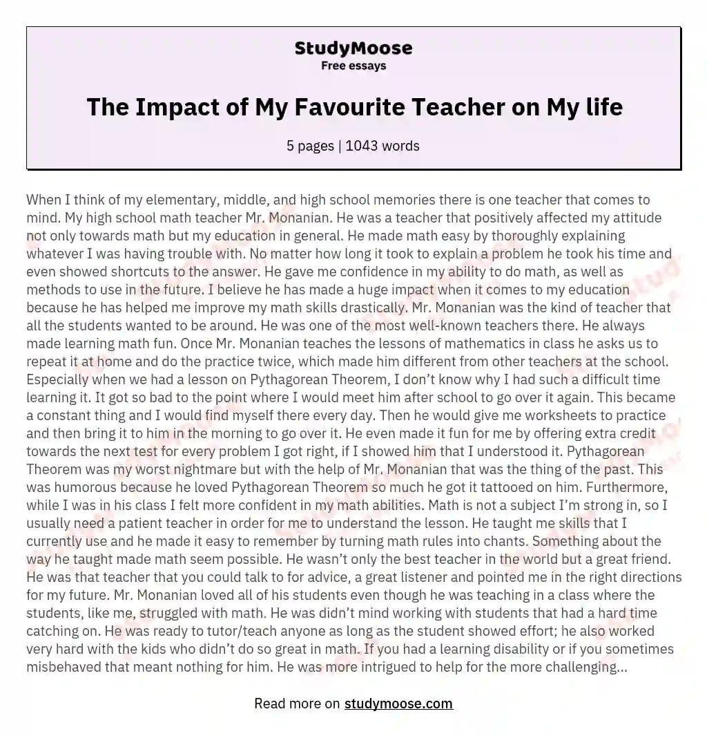 The Impact of My Favourite Teacher on My life essay