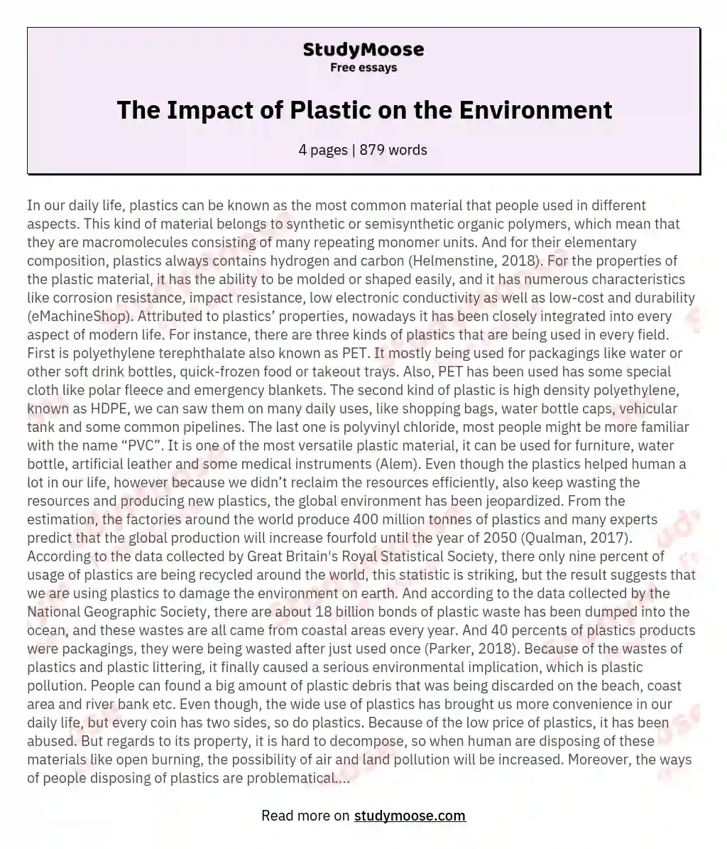 The Impact of Plastic on the Environment essay