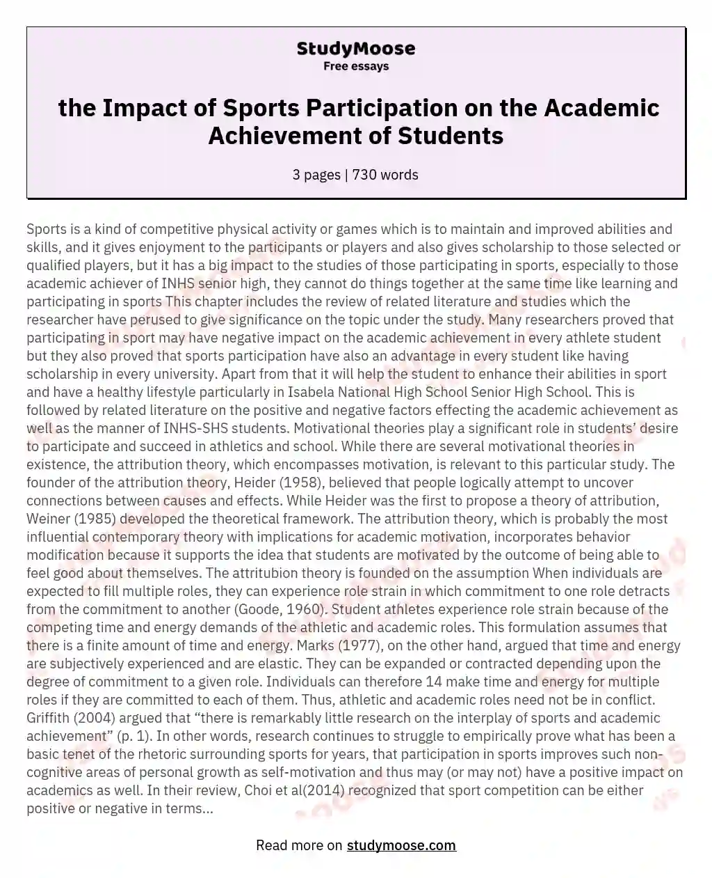  the Impact of Sports Participation on the Academic Achievement of Students essay