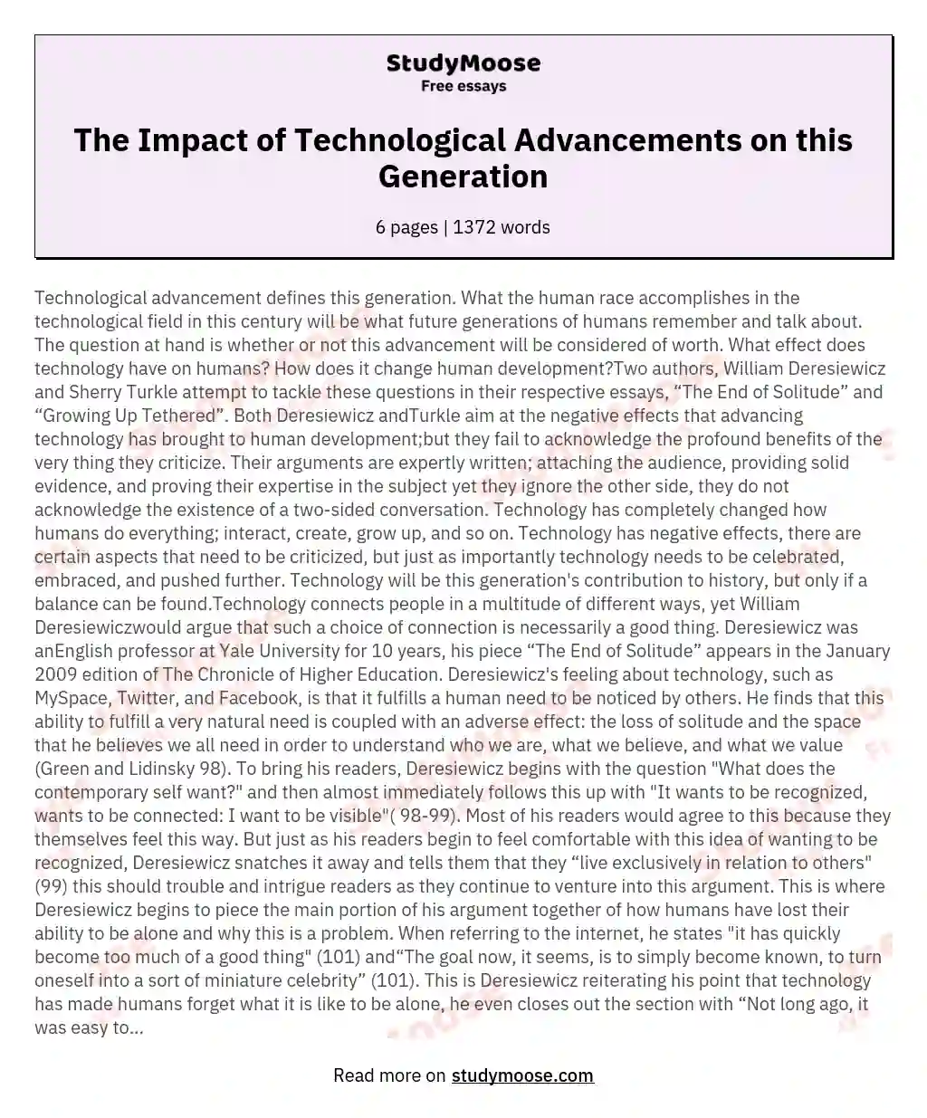 The Impact of Technological Advancements on this Generation essay