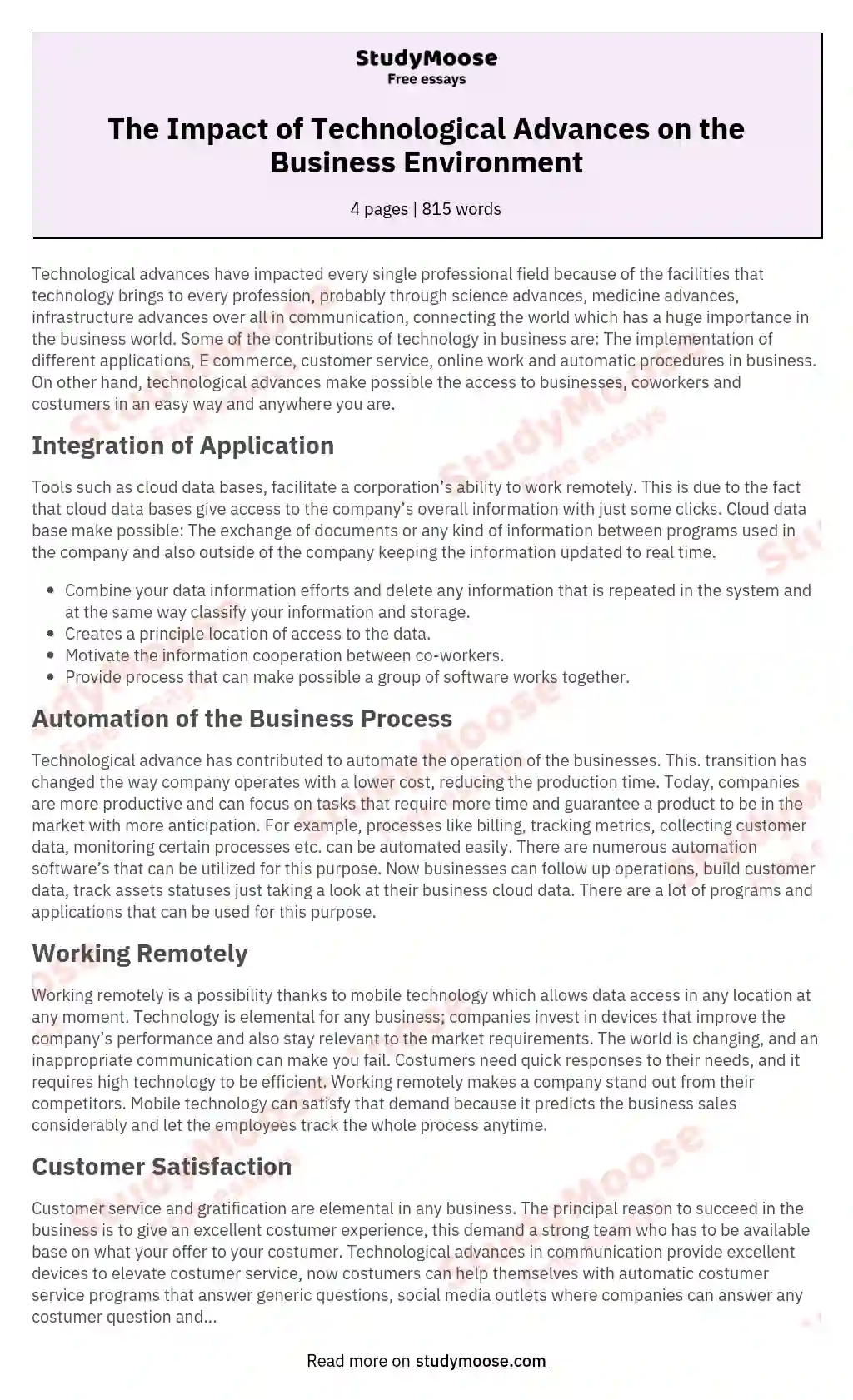 The Impact of Technological Advances on the Business Environment essay