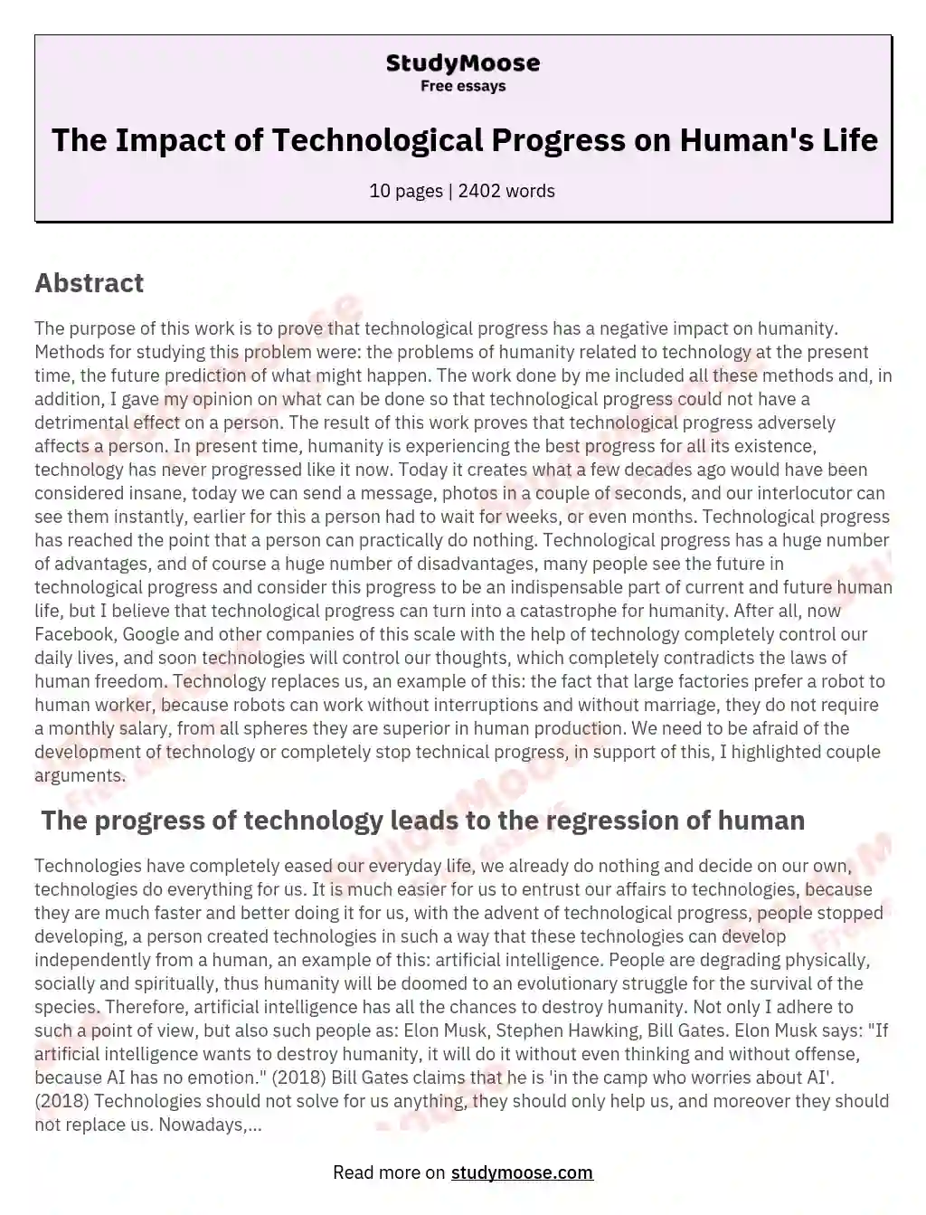 The Impact of Technological Progress on Human's Life essay