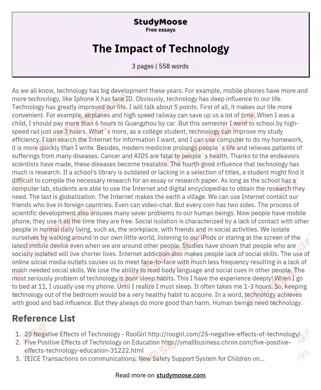 impact of technology on our health essay 100 words