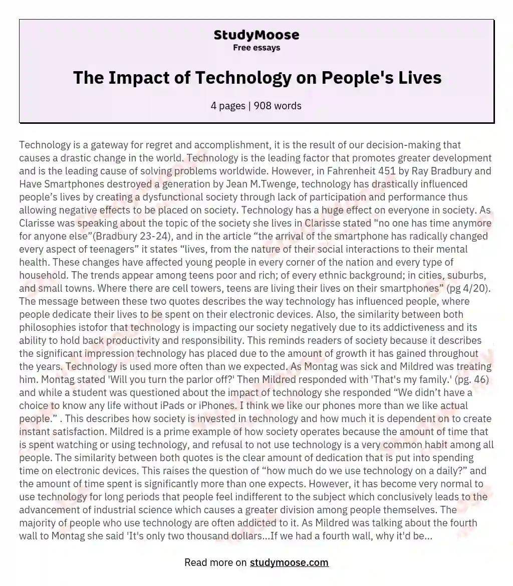 The Impact of Technology on People's Lives essay
