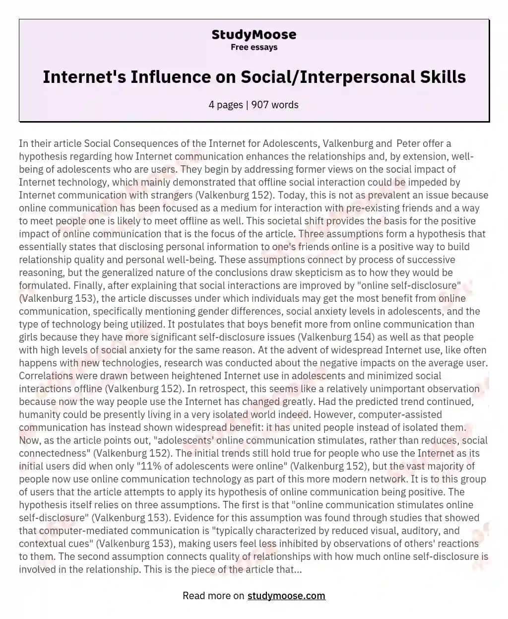 Internet's Influence on Social/Interpersonal Skills essay