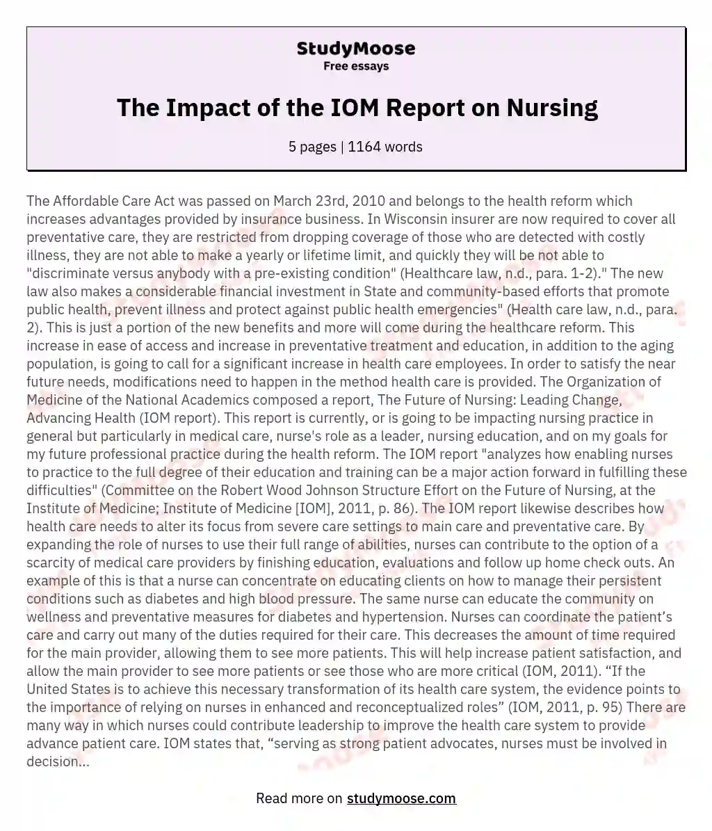 The Impact of the IOM Report on Nursing essay