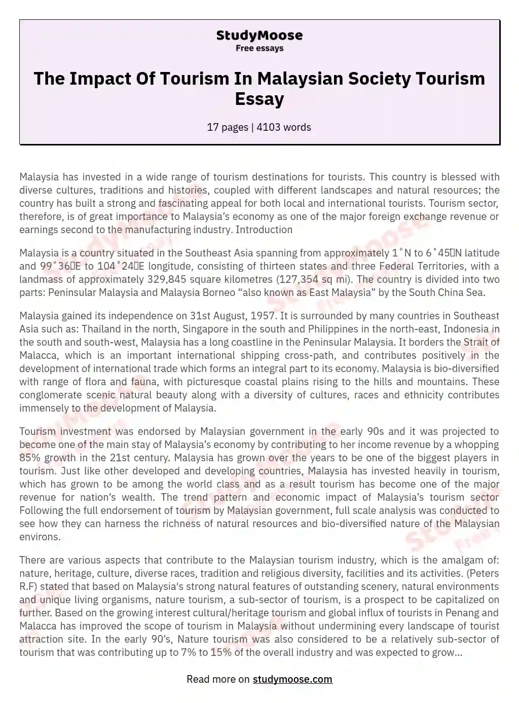 The Impact Of Tourism In Malaysian Society Tourism Essay