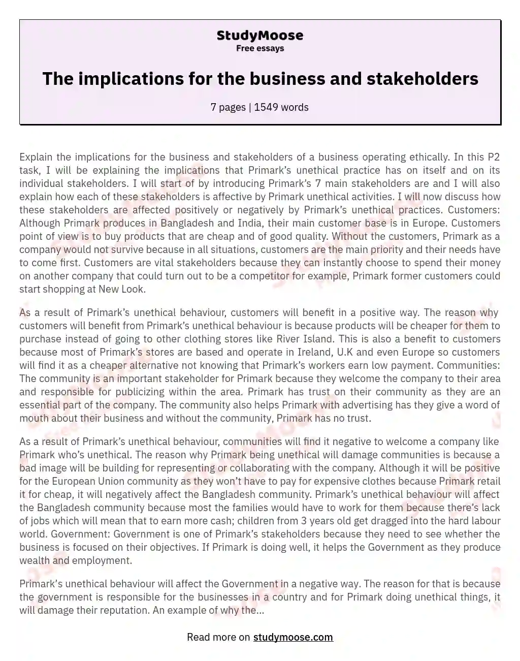 The implications for the business and stakeholders