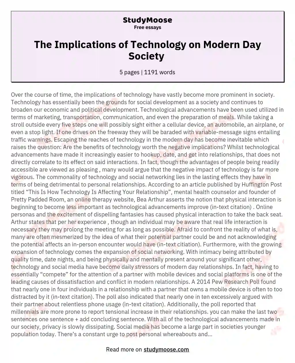 The Implications of Technology on Modern Day Society  essay