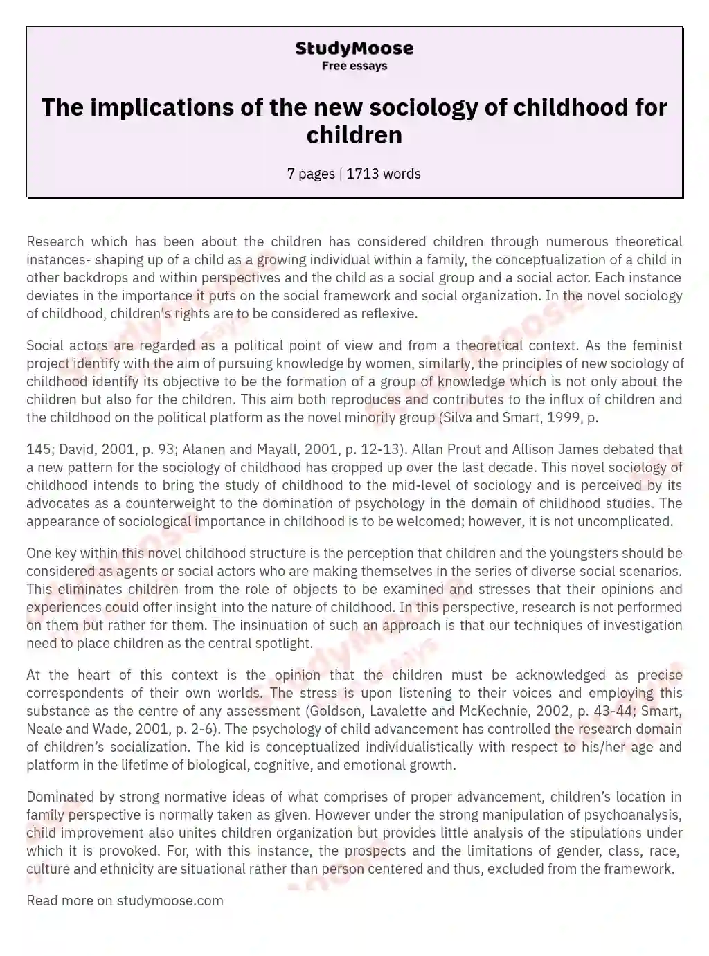 The implications of the new sociology of childhood for children essay