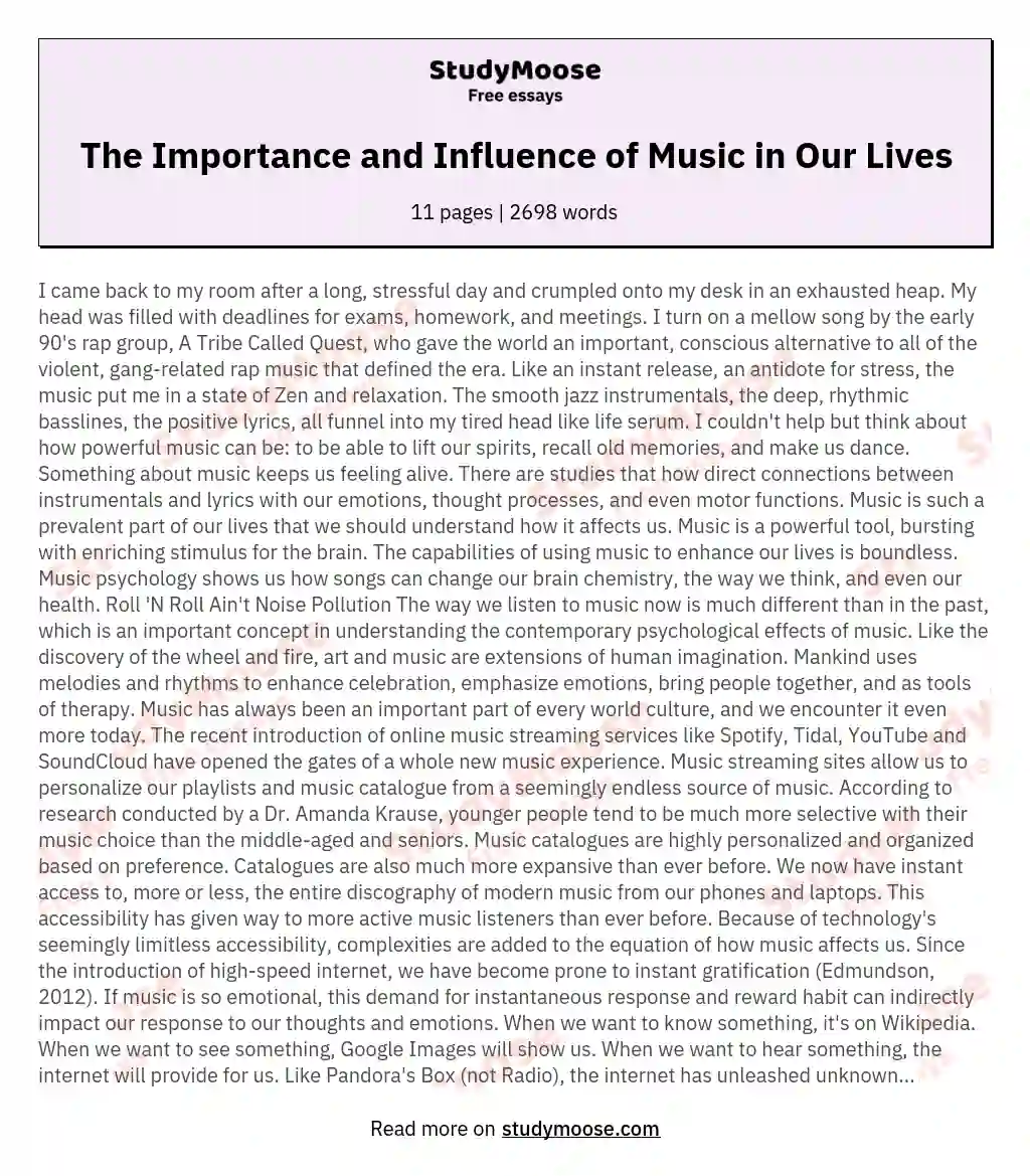 The Importance and Influence of Music in Our Lives essay