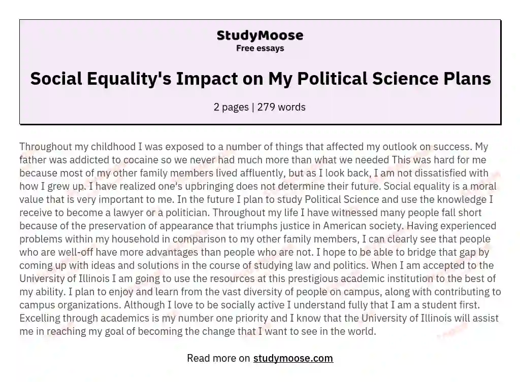 Social Equality's Impact on My Political Science Plans essay