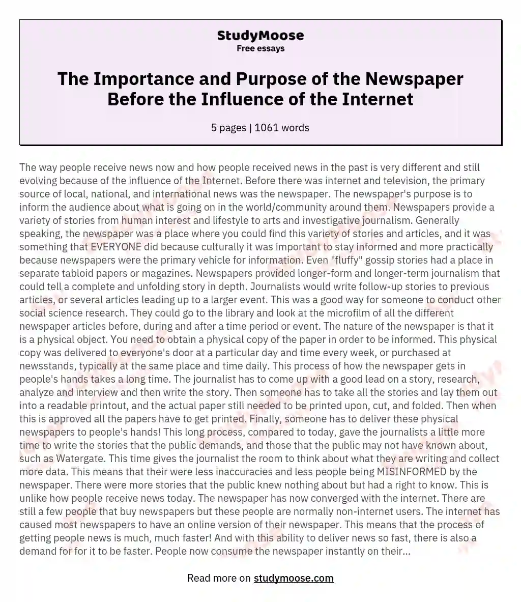 The Importance and Purpose of the Newspaper Before the Influence of the Internet essay
