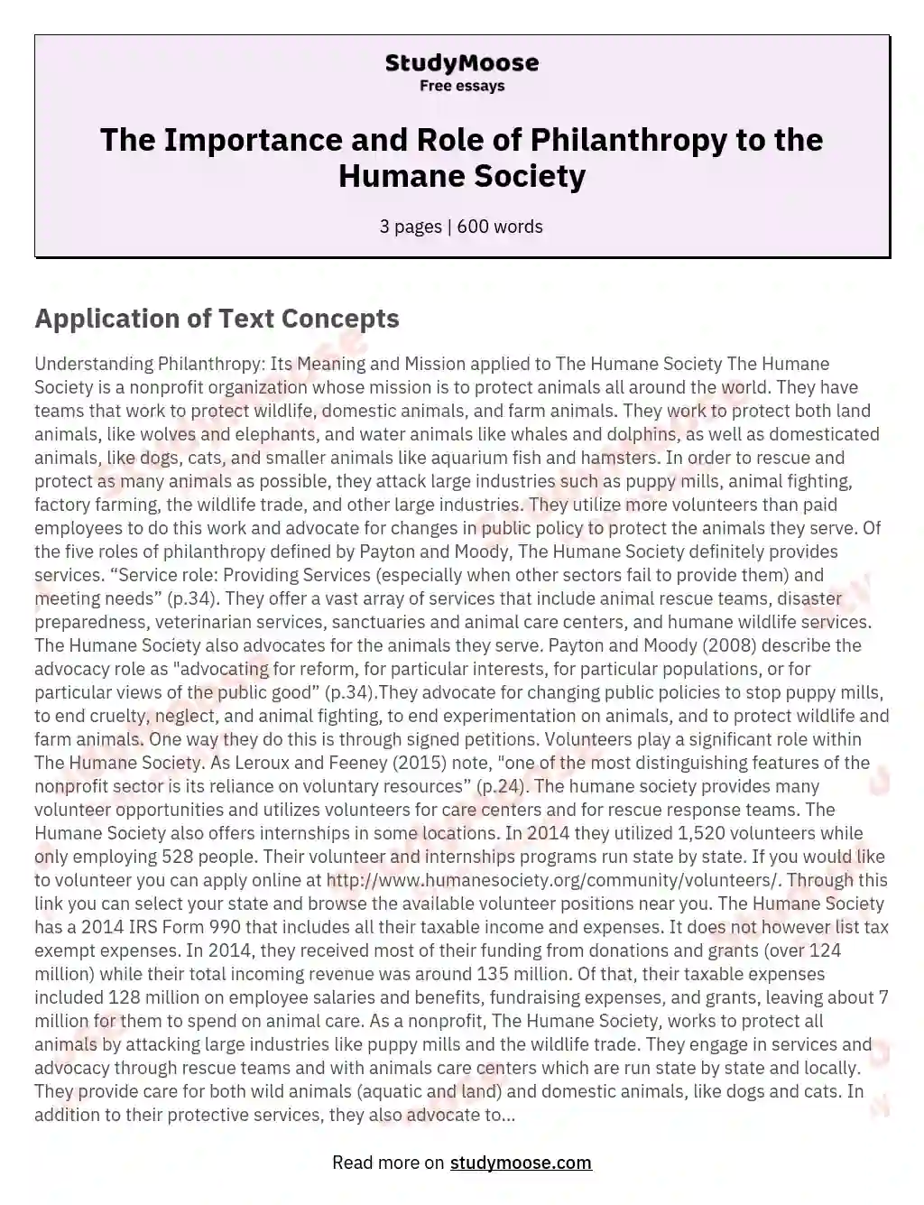 The Importance and Role of Philanthropy to the Humane Society essay