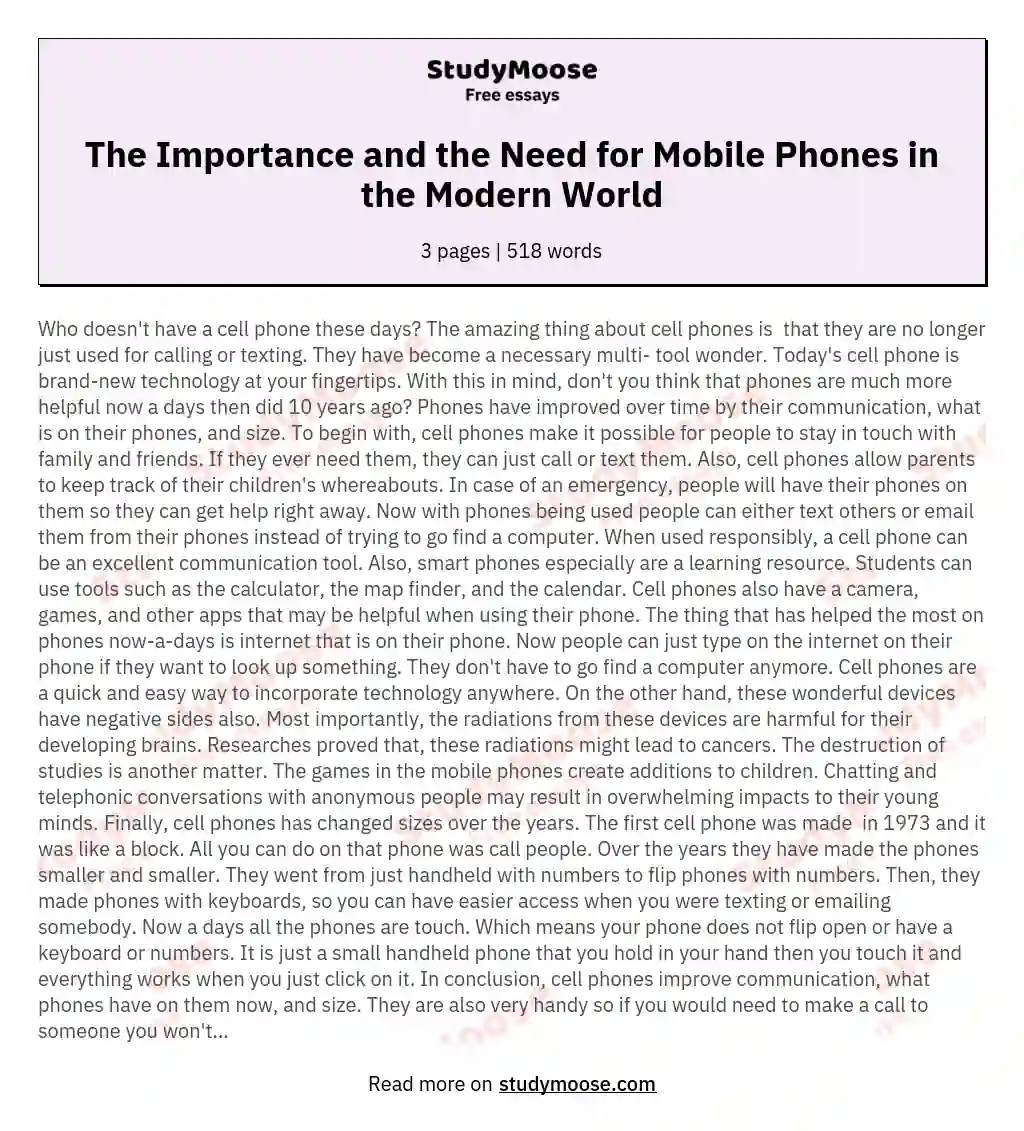 The Importance and the Need for Mobile Phones in the Modern World essay