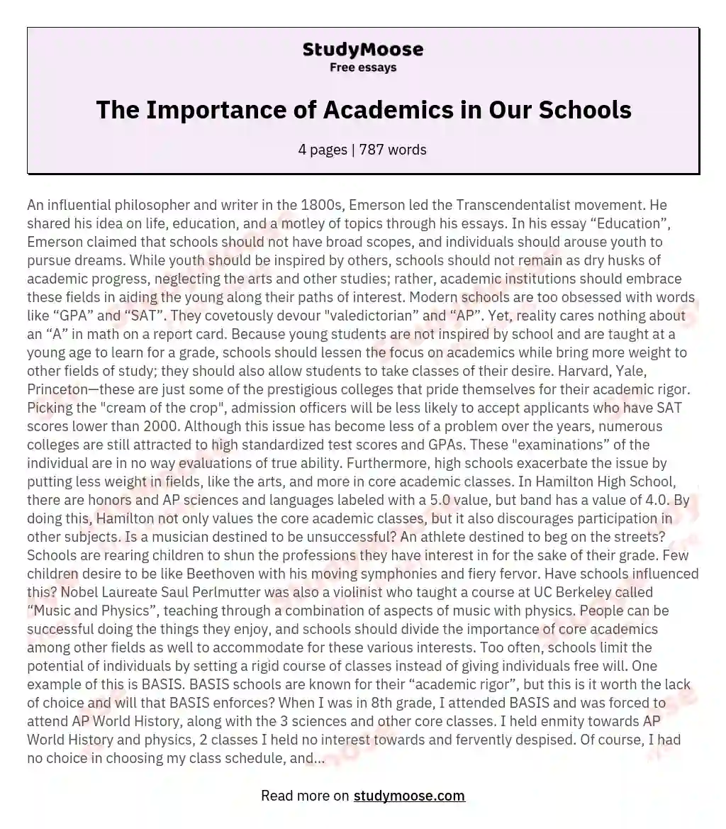 The Importance of Academics in Our Schools essay