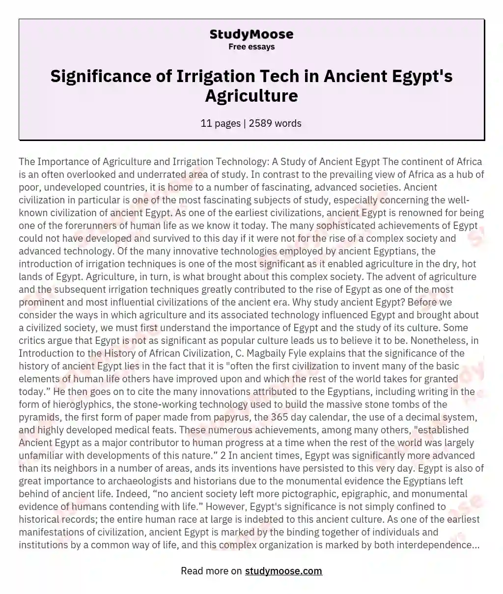 Significance of Irrigation Tech in Ancient Egypt's Agriculture essay