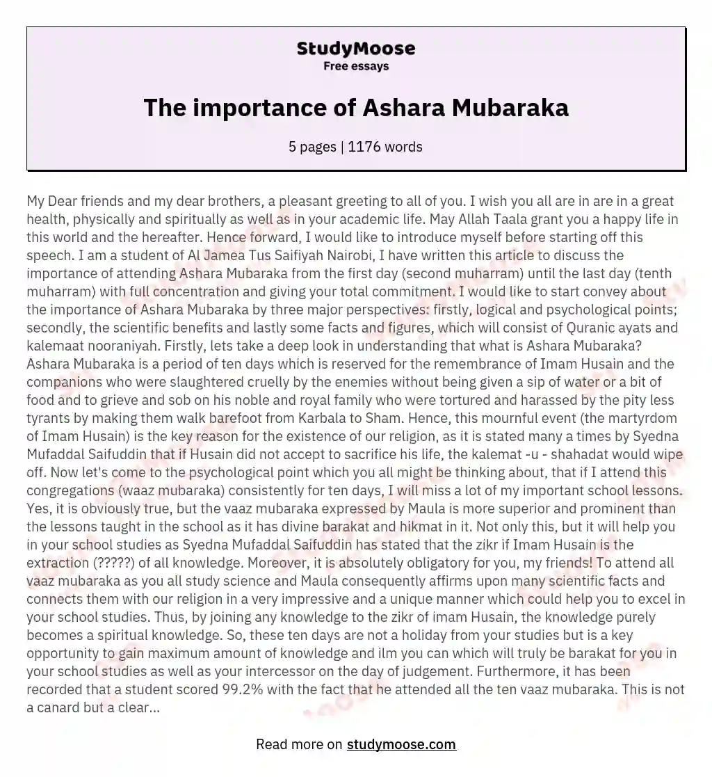The importance of Ashara Mubaraka essay