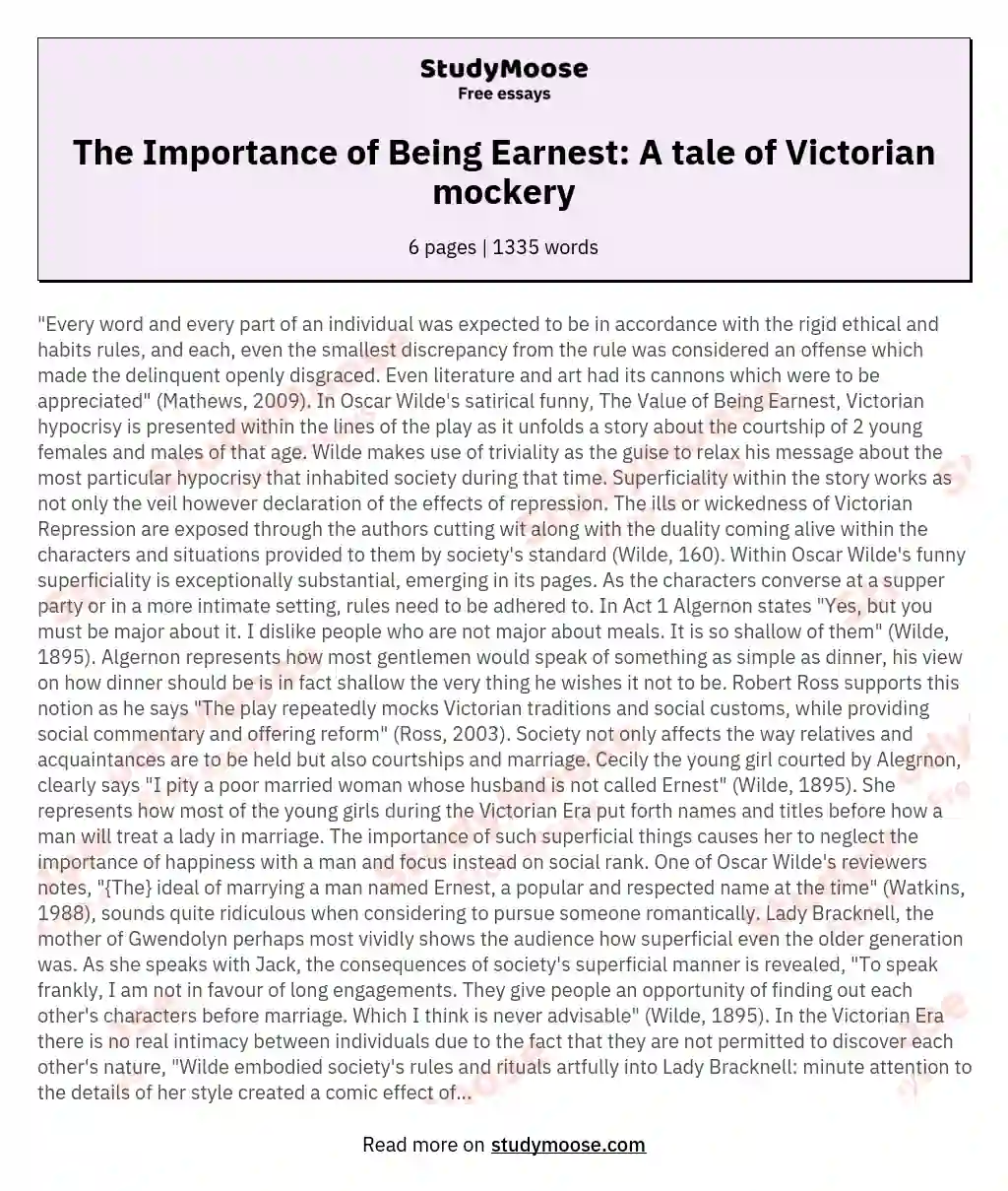 The Importance of Being Earnest: A tale of Victorian mockery essay