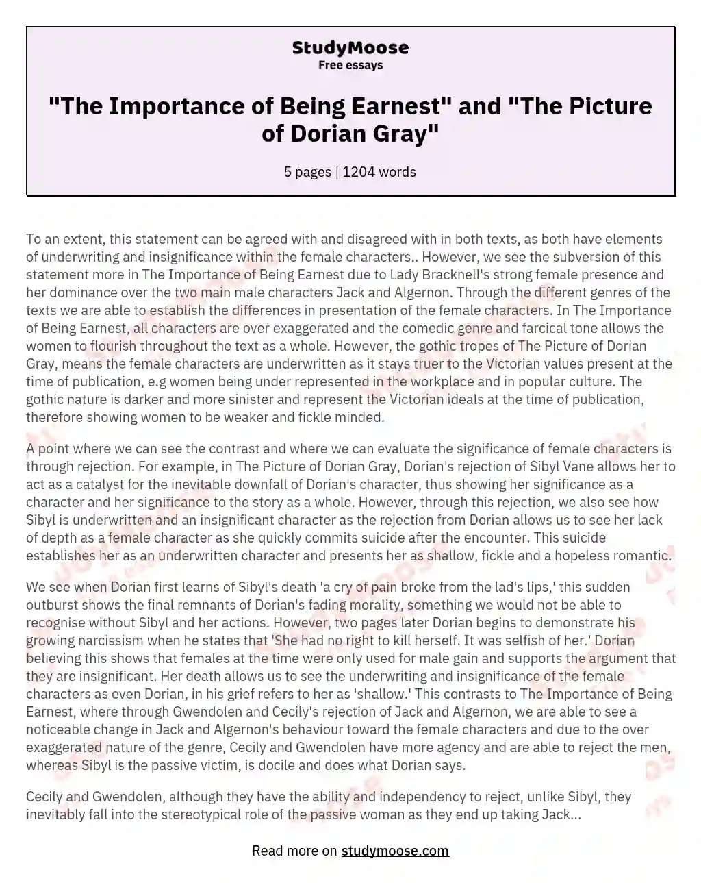 "The Importance of Being Earnest" and "The Picture of Dorian Gray" essay