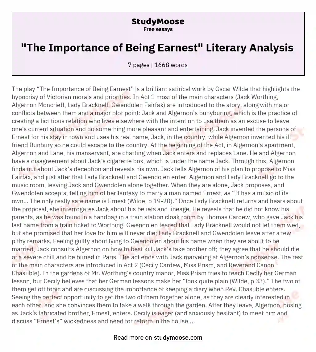 "The Importance of Being Earnest" Literary Analysis 