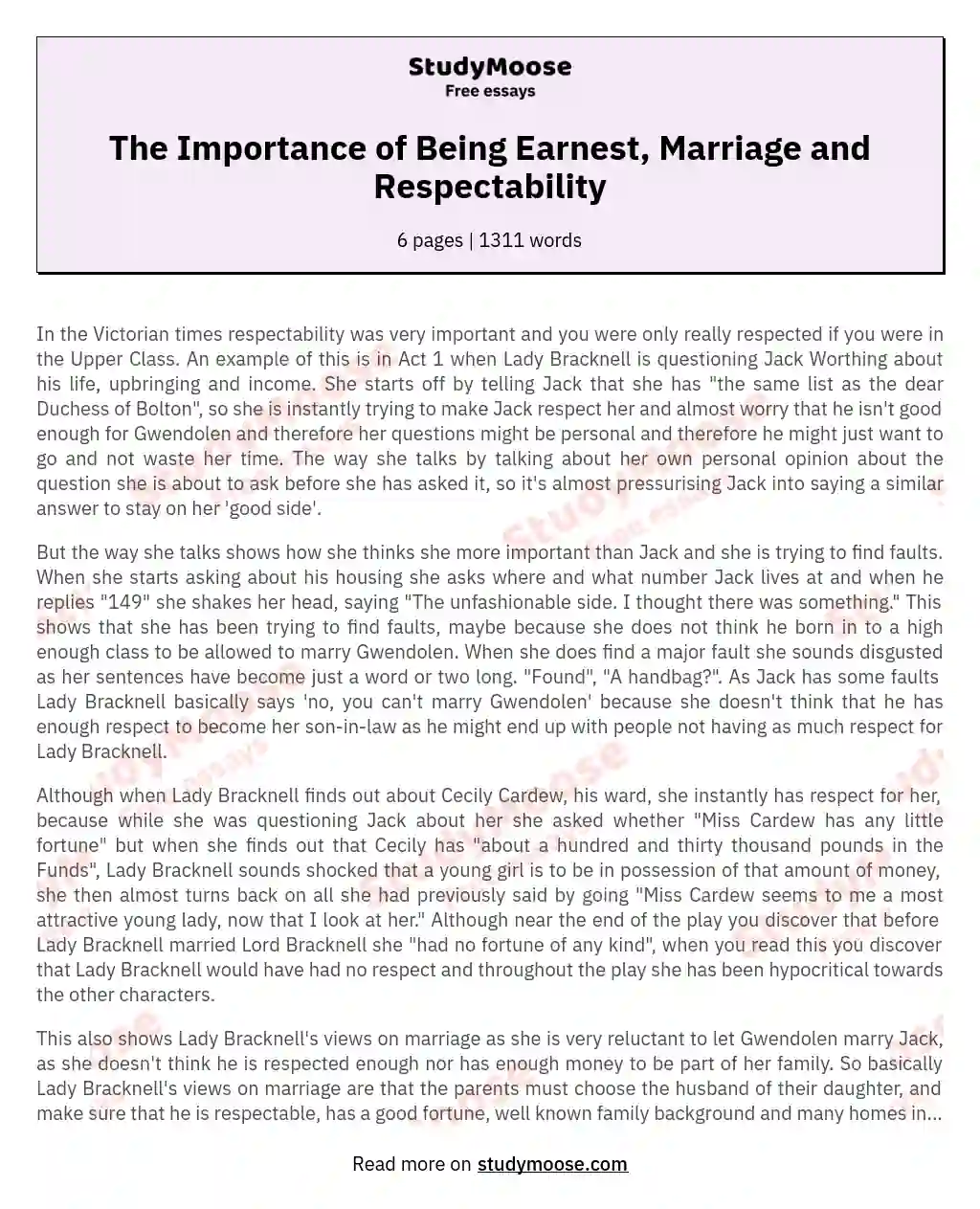 The Importance of Being Earnest, Marriage and Respectability essay