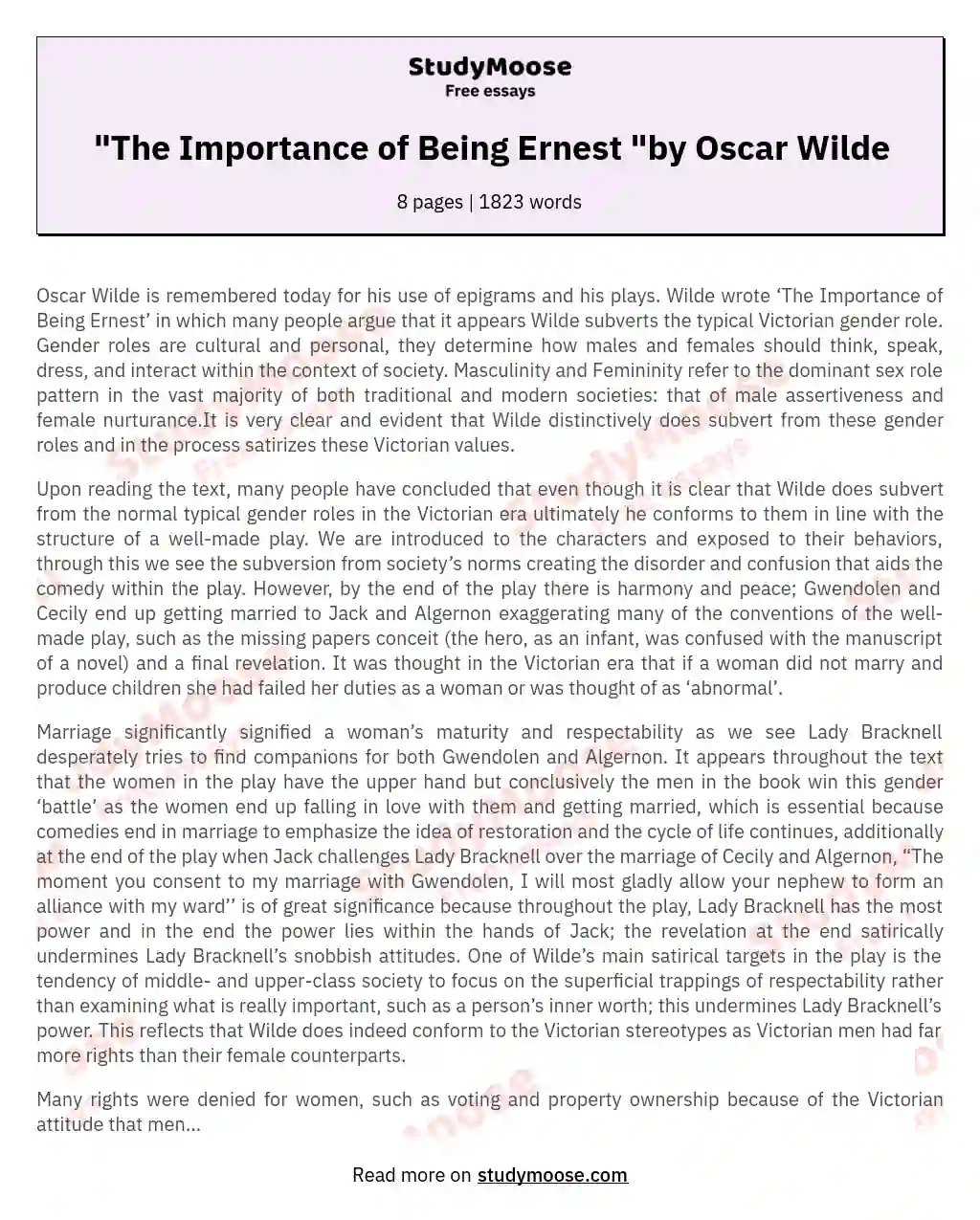 "The Importance of Being Ernest "by Oscar Wilde essay