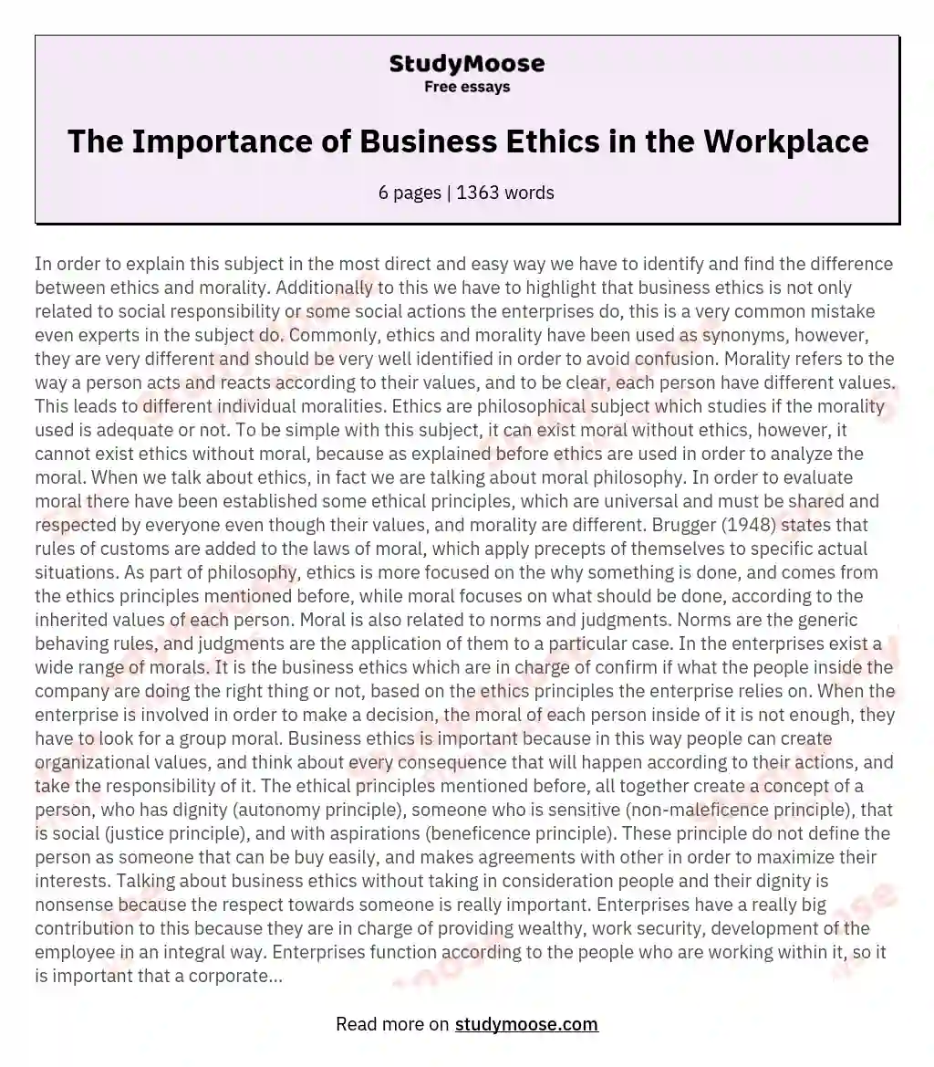 The Importance of Business Ethics in the Workplace essay