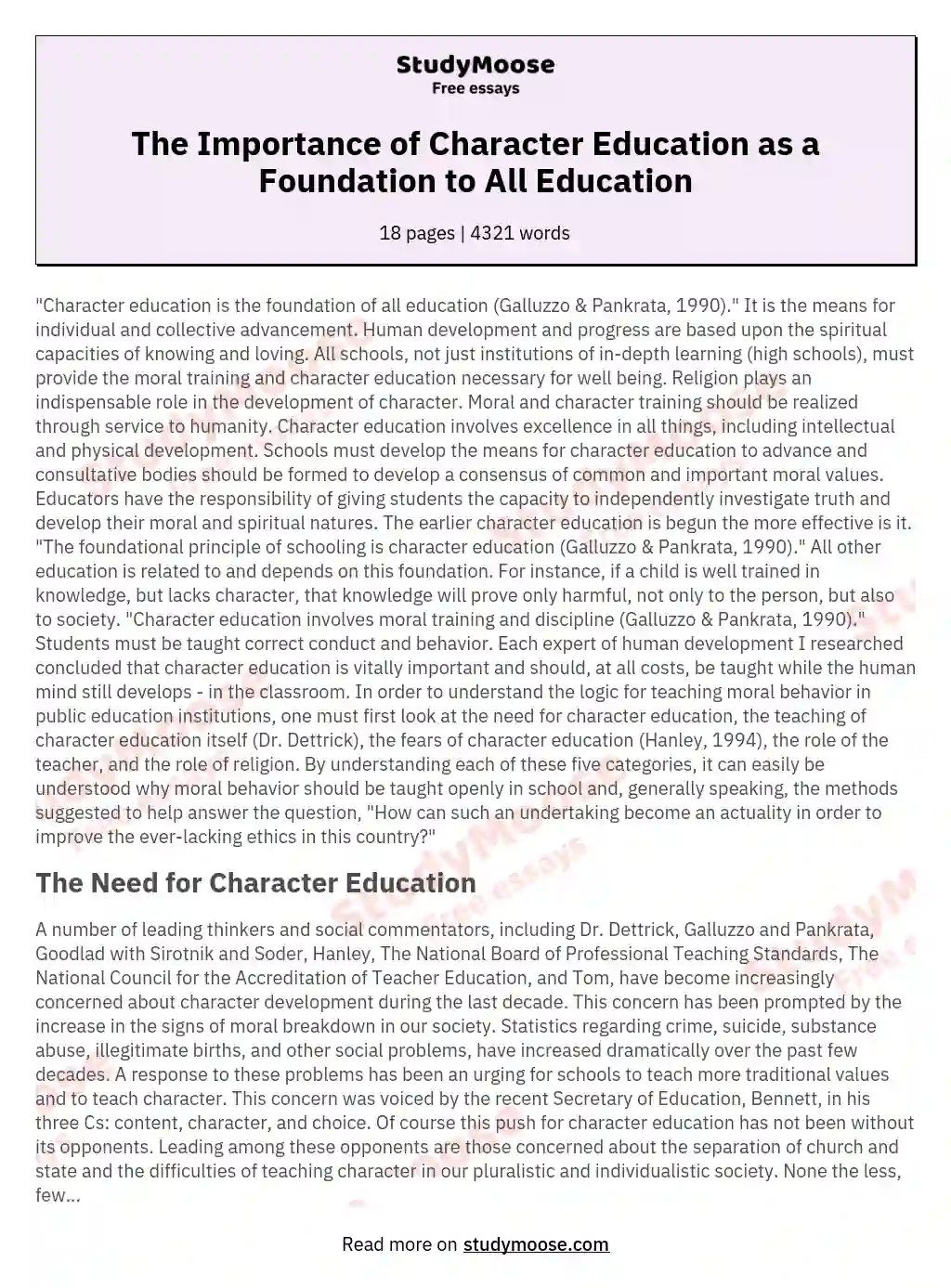The Importance of Character Education as a Foundation to All Education essay