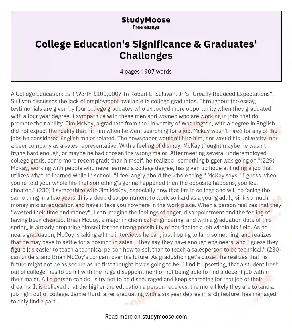 College Education's Significance & Graduates' Challenges essay