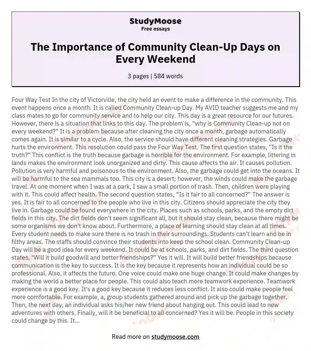 The Importance of Community Clean-Up Days on Every Weekend essay