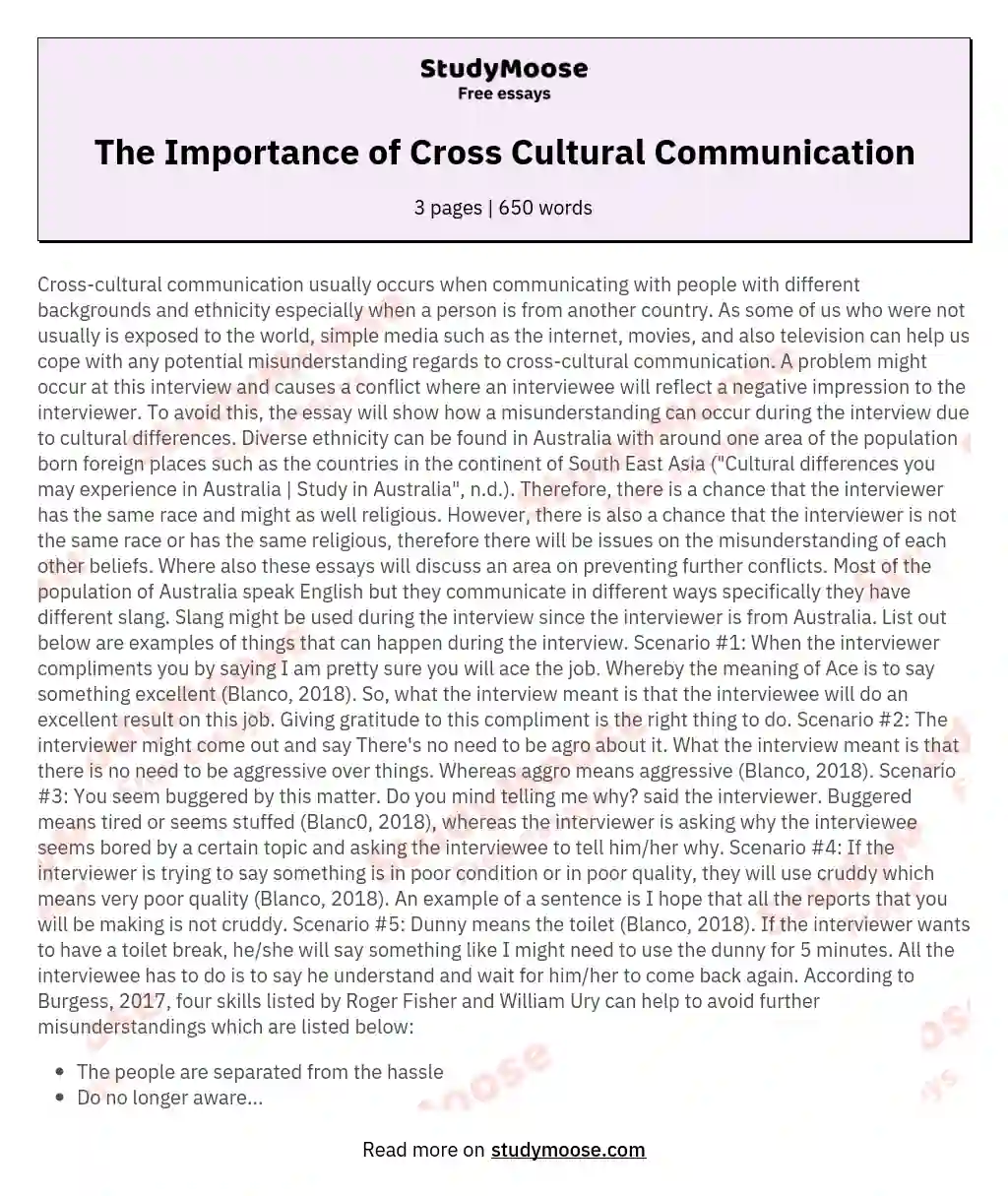 essay about cross cultural communication