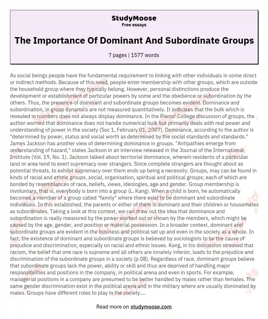The Importance Of Dominant And Subordinate Groups essay