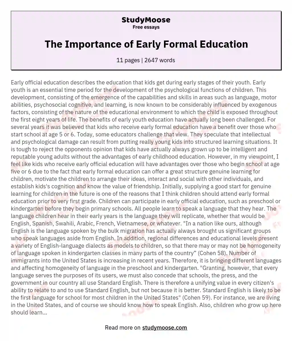 The Importance of Early Formal Education essay