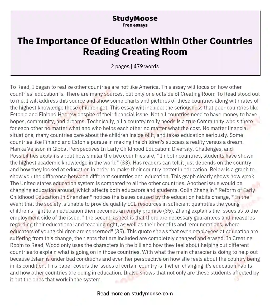 The Importance Of Education Within Other Countries Reading Creating Room essay