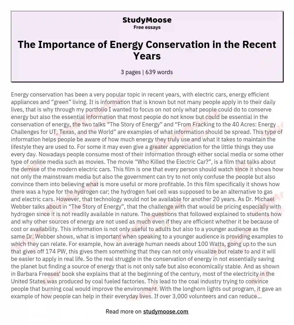 The Importance of Energy Conservation in the Recent Years essay
