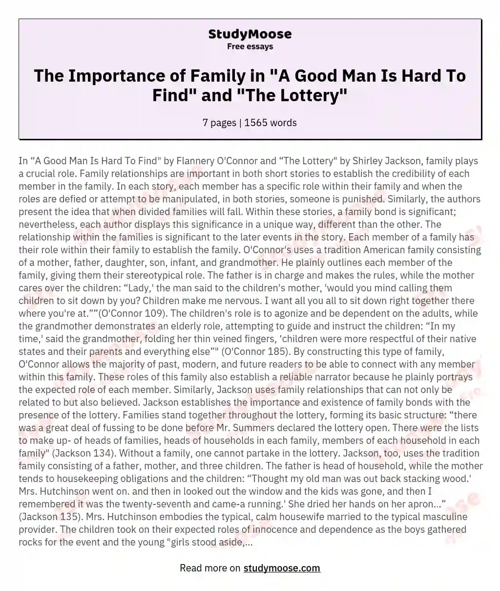 The Importance of Family in "A Good Man Is Hard To Find" and "The Lottery" essay