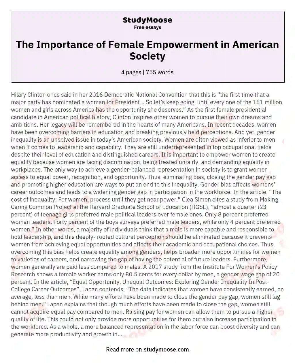 The Importance of Female Empowerment in American Society essay