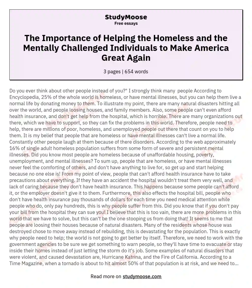 The Importance of Helping the Homeless and the Mentally Challenged Individuals to Make America Great Again essay