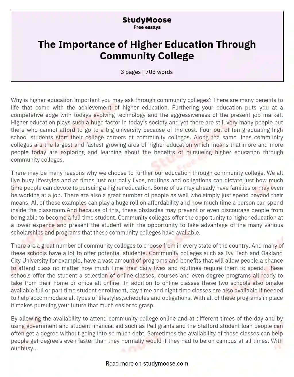 The Importance of Higher Education Through Community College essay