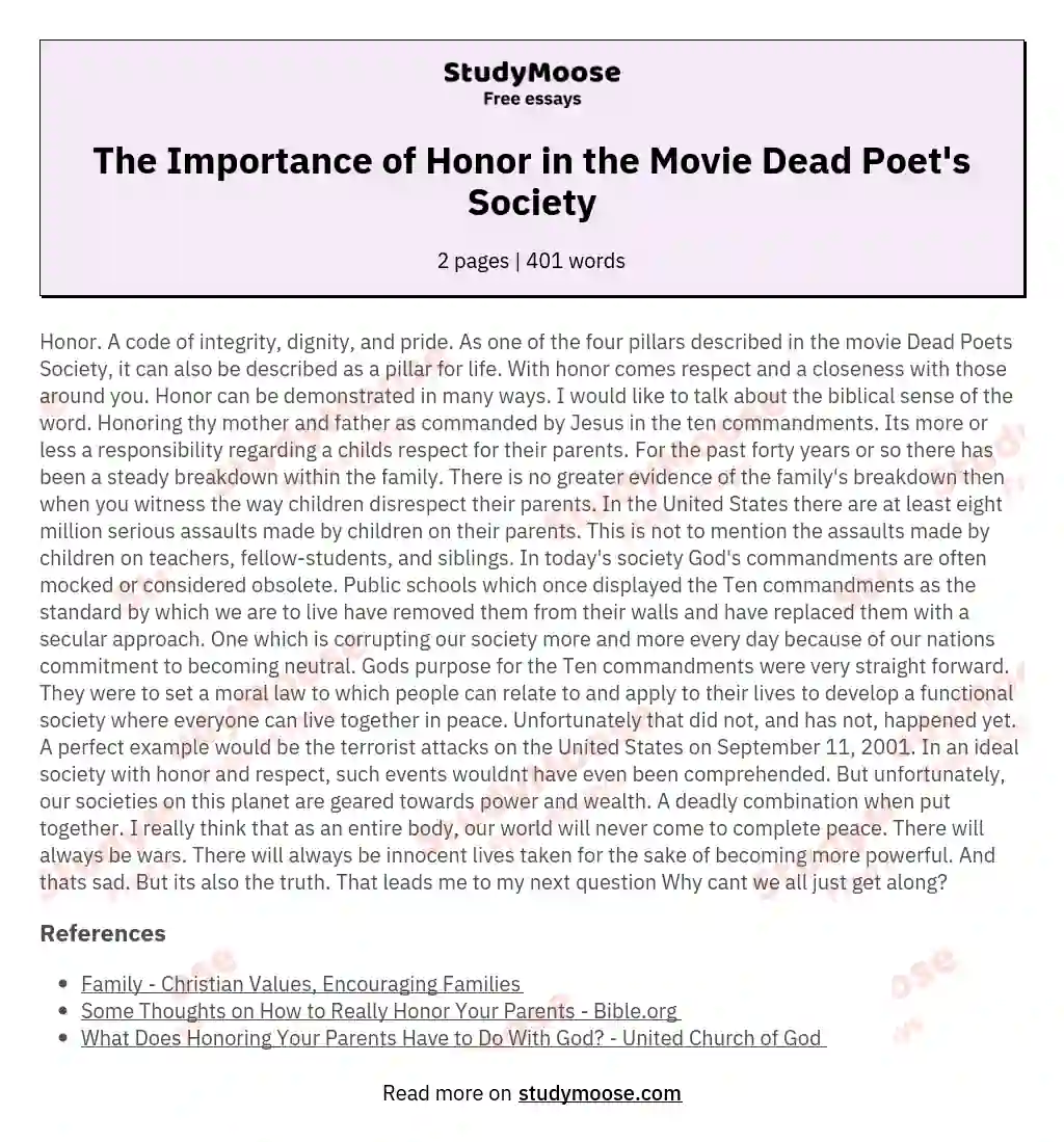 The Importance of Honor in the Movie Dead Poet's Society essay
