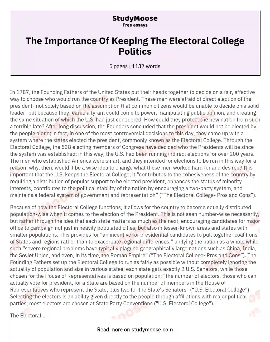 The Importance Of Keeping The Electoral College Politics essay