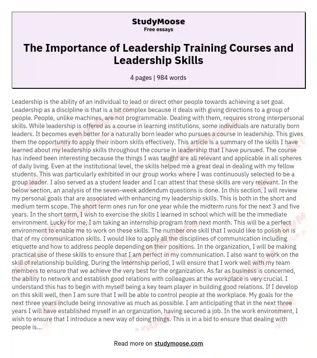 The Importance of Leadership Training Courses and Leadership Skills essay